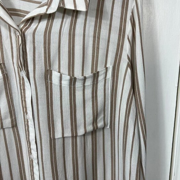 Nordstrom BP Tan & White Striped Button-Up Shirt | Long Sleeve Hi-Low Hem Size L - Picture 5 of 10